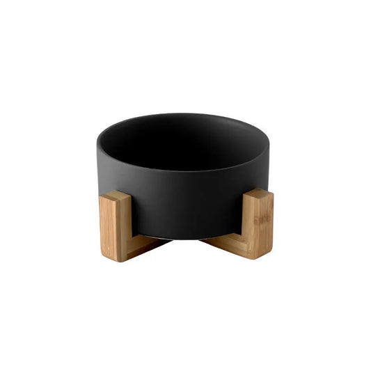 Black Ceramic Bowl w/ Wooden Stand